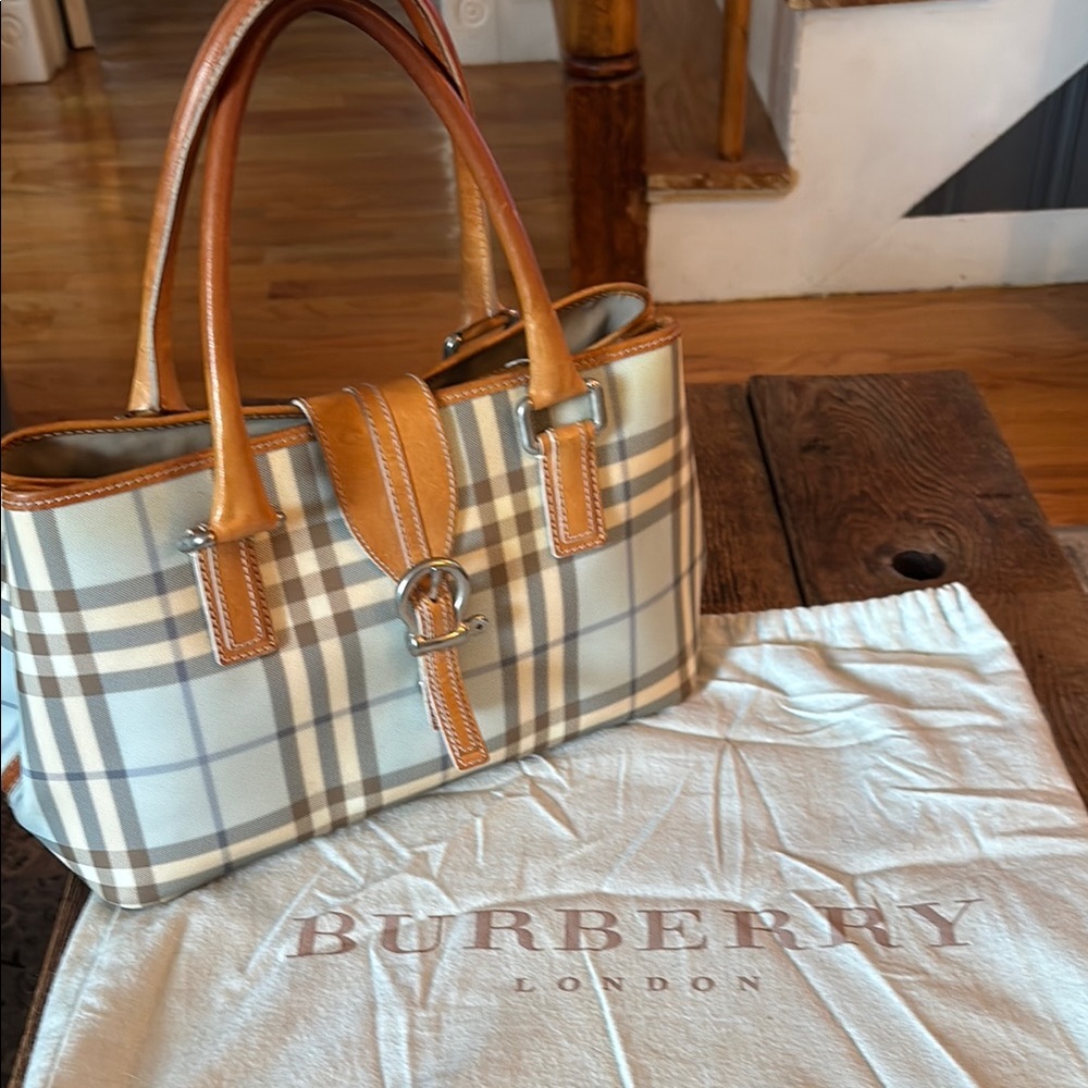 Burberry Tan and Cream Satchel with Iconic Check Pattern